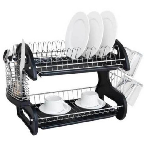 Black and silver 2-tier dish drying rack with integrated drainboard holding white plates, cups, and utensils.