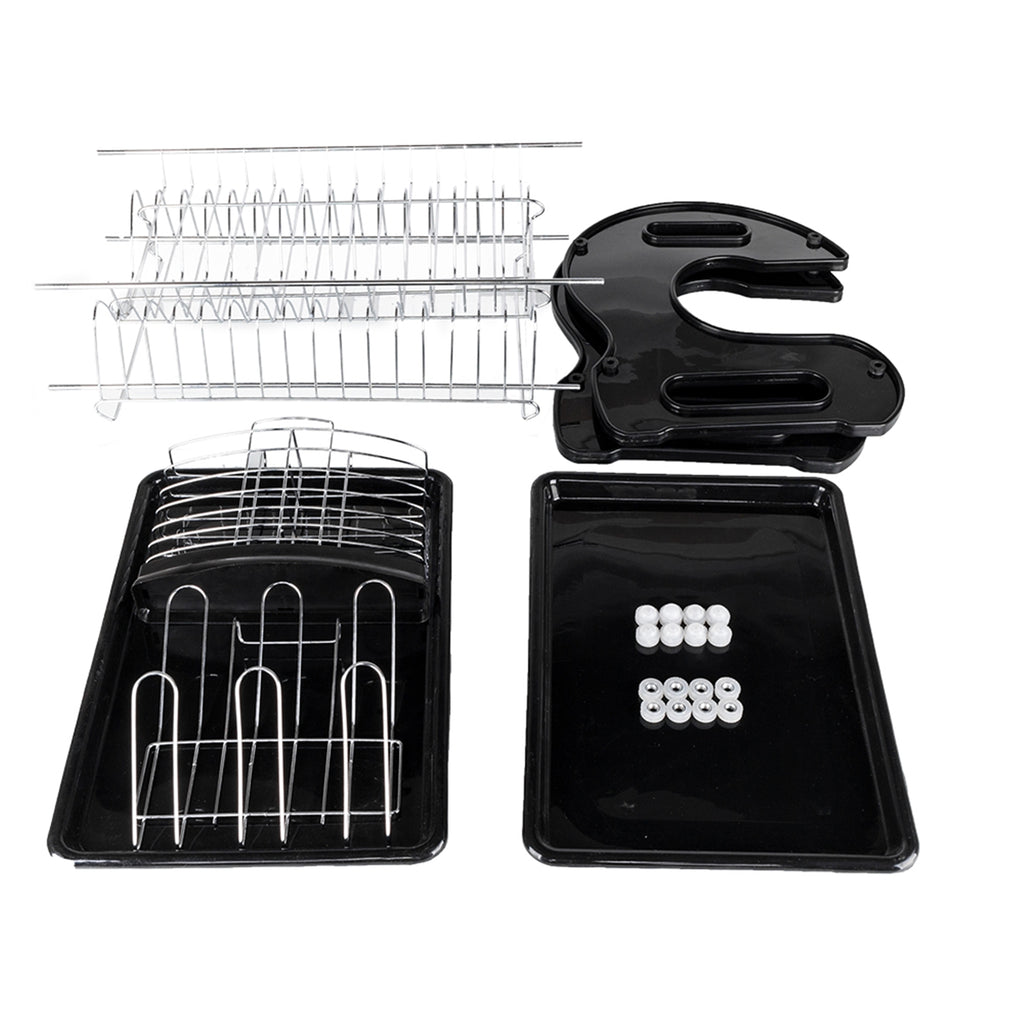 Flat lay view of 2-tier dish rack assembly parts including chrome wire shelves, black side panels, drain trays, and hardware screws.