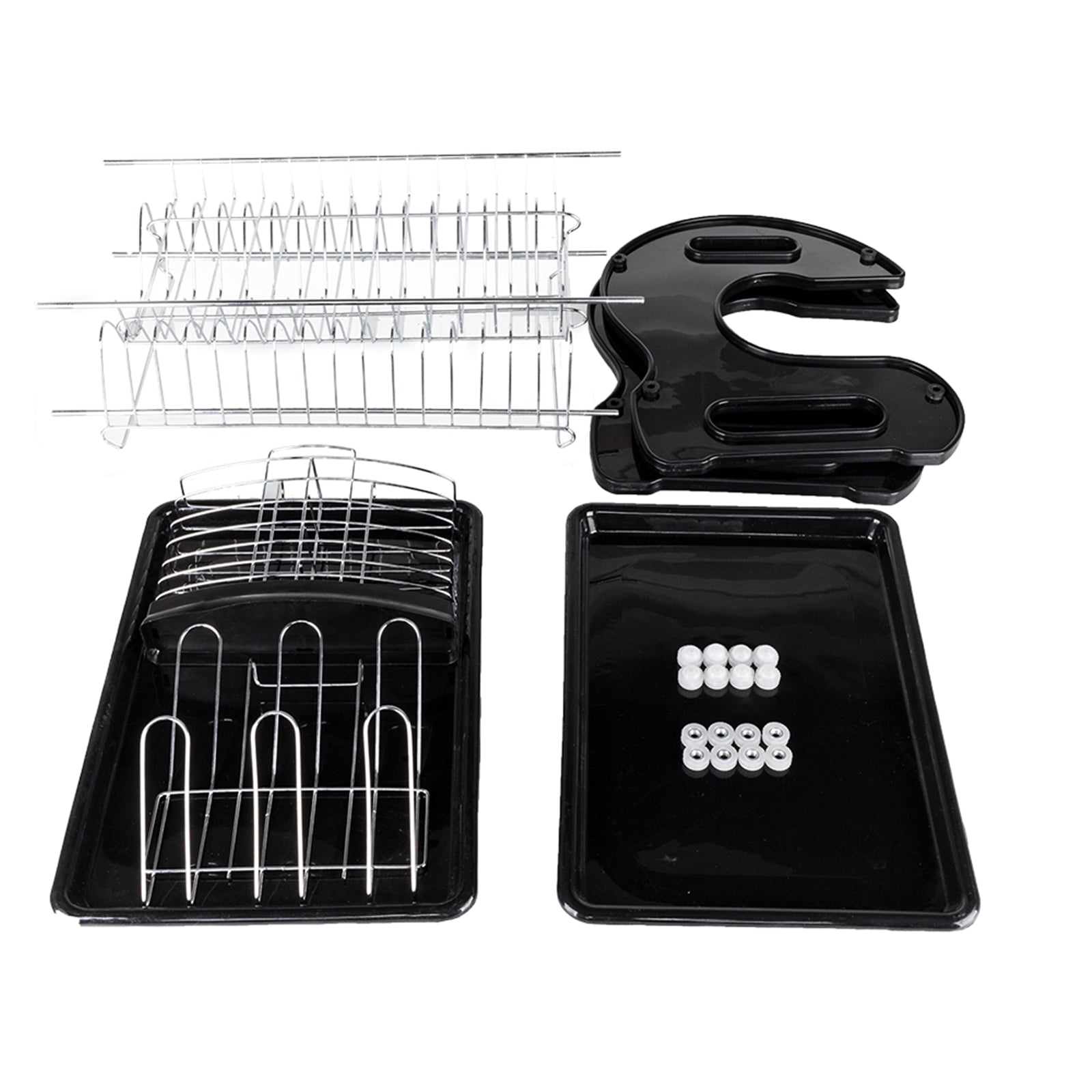 Flat lay view of 2-tier dish rack assembly parts including chrome wire shelves, black side panels, drain trays, and hardware screws.