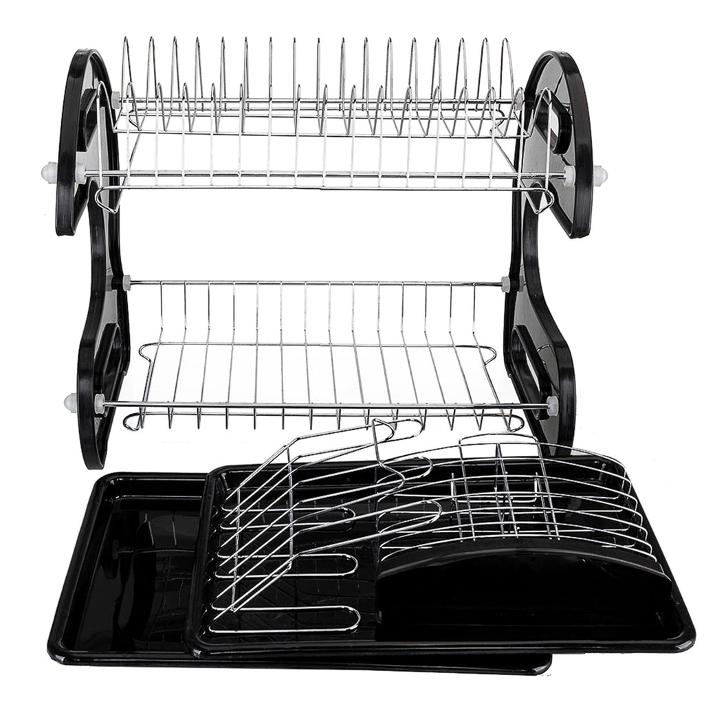 Front view of a 2-tier dish rack with its removable black drip trays and wire side attachments displayed separately in front.