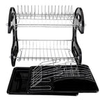 Front view of a 2-tier dish rack with its removable black drip trays and wire side attachments displayed separately in front.