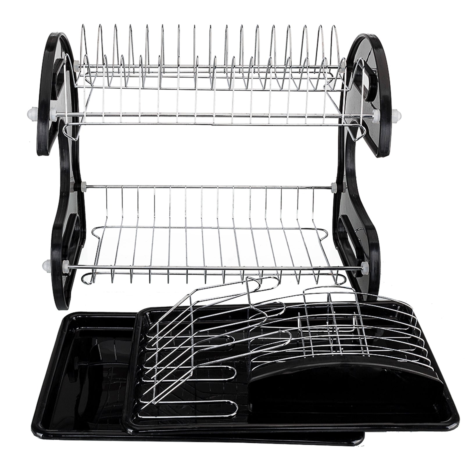 Front view of a 2-tier dish rack with its removable black drip trays and wire side attachments displayed separately in front.