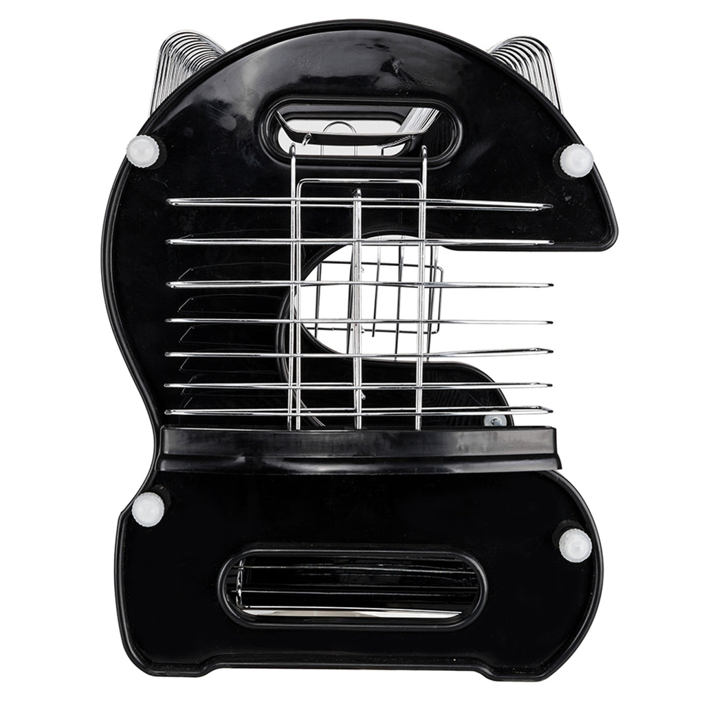 Side profile view of a black 2-tier dish rack highlighting its S-shaped side panels and four non-slip rubber feet.