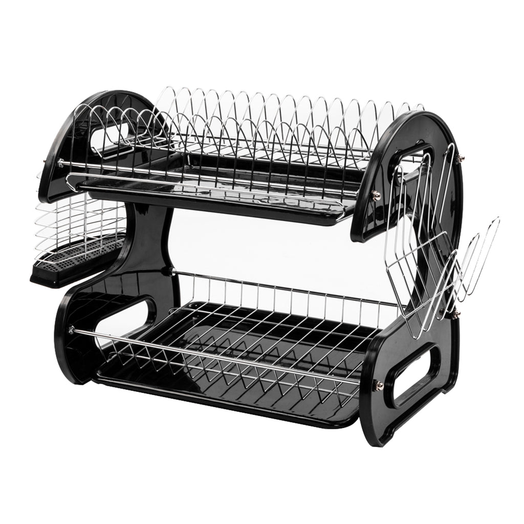 Empty black and silver 2-tier dish rack showing curved side frame, upper plate slots, lower shelf, and steel wire attachments.