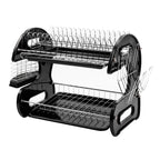 Empty black and silver 2-tier dish rack showing curved side frame, upper plate slots, lower shelf, and steel wire attachments.