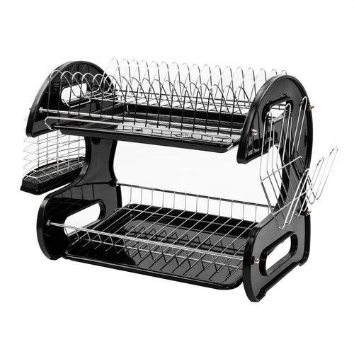 Empty black and silver 2-tier dish rack showing curved side frame, upper plate slots, lower shelf, and steel wire attachments.