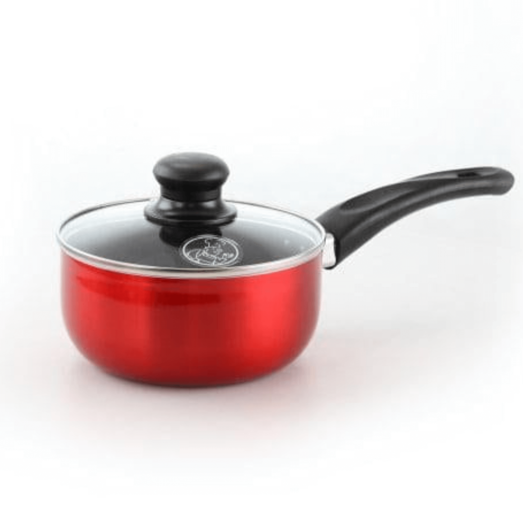 Product packaging view of a 7-piece non-stick aluminum cookware set in metallic red displaying all pots, pans, and glass lids.