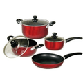 7-piece non-stick aluminum cookware set in metallic red including three pots with vented tempered glass lids and one frying pan.