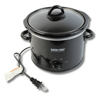 High-angle view of the black Better Chef 3-quart electric crock pot showing the attached power cord, side handles, and clear glass lid.
