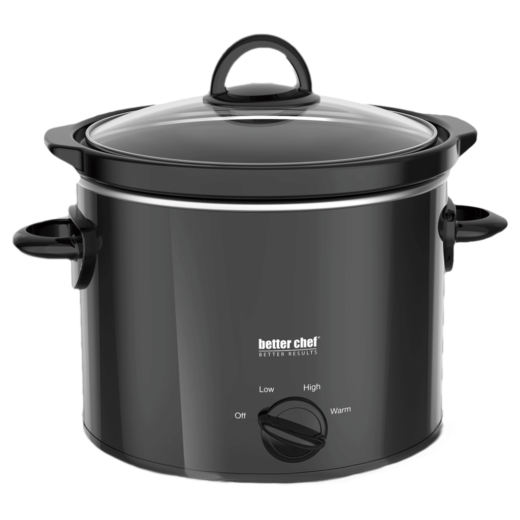 Better Chef 3-quart round slow cooker in a glossy black metallic finish with a glass lid and front manual control dial.