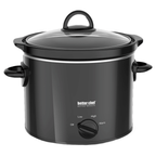 Better Chef 3-quart round slow cooker in a glossy black metallic finish with a glass lid and front manual control dial.