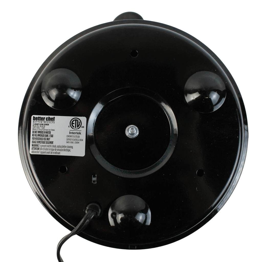 Bottom base view of the Better Chef 3-quart slow cooker model IM-461B showing non-slip feet and technical specification safety label.