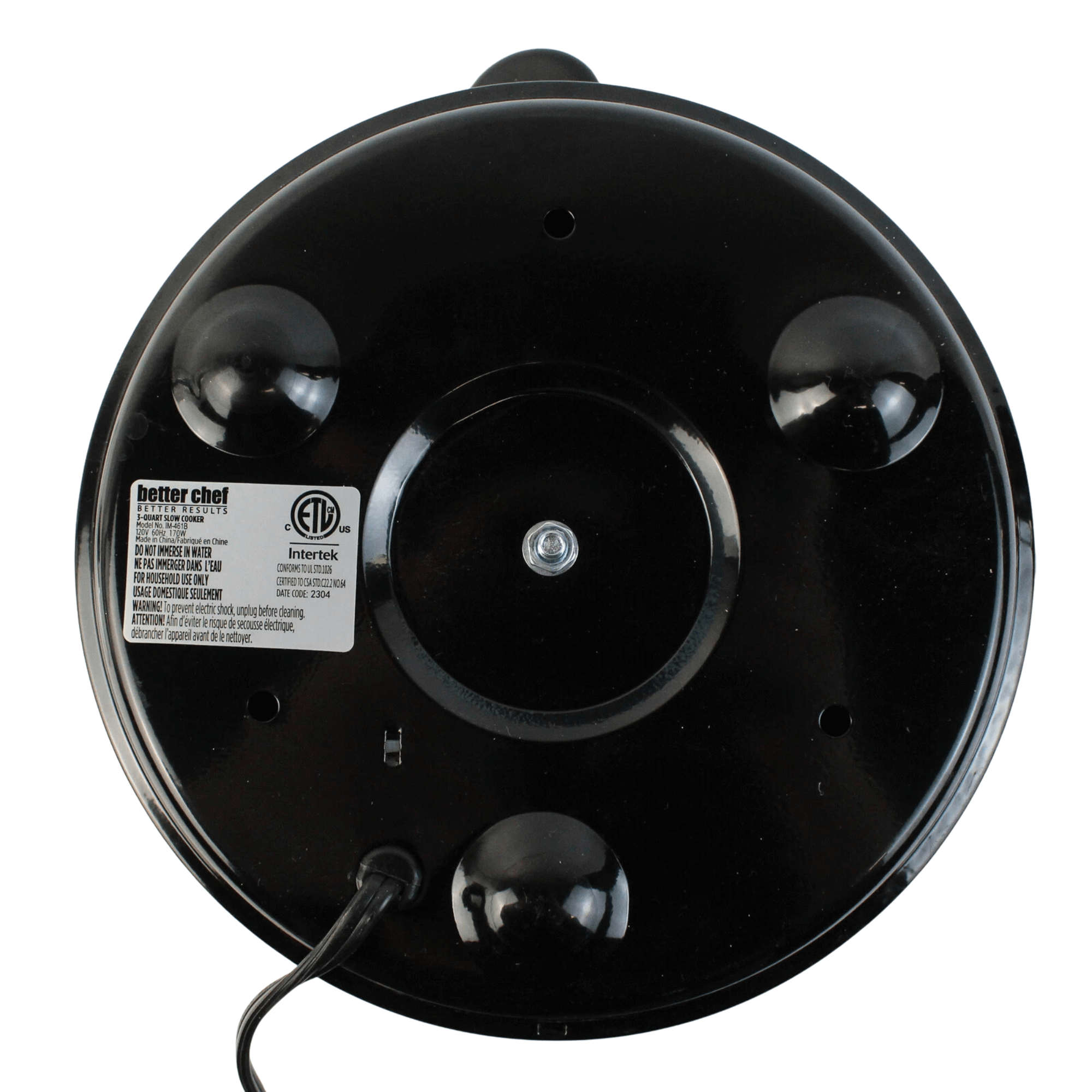 Bottom base view of the Better Chef 3-quart slow cooker model IM-461B showing non-slip feet and technical specification safety label.