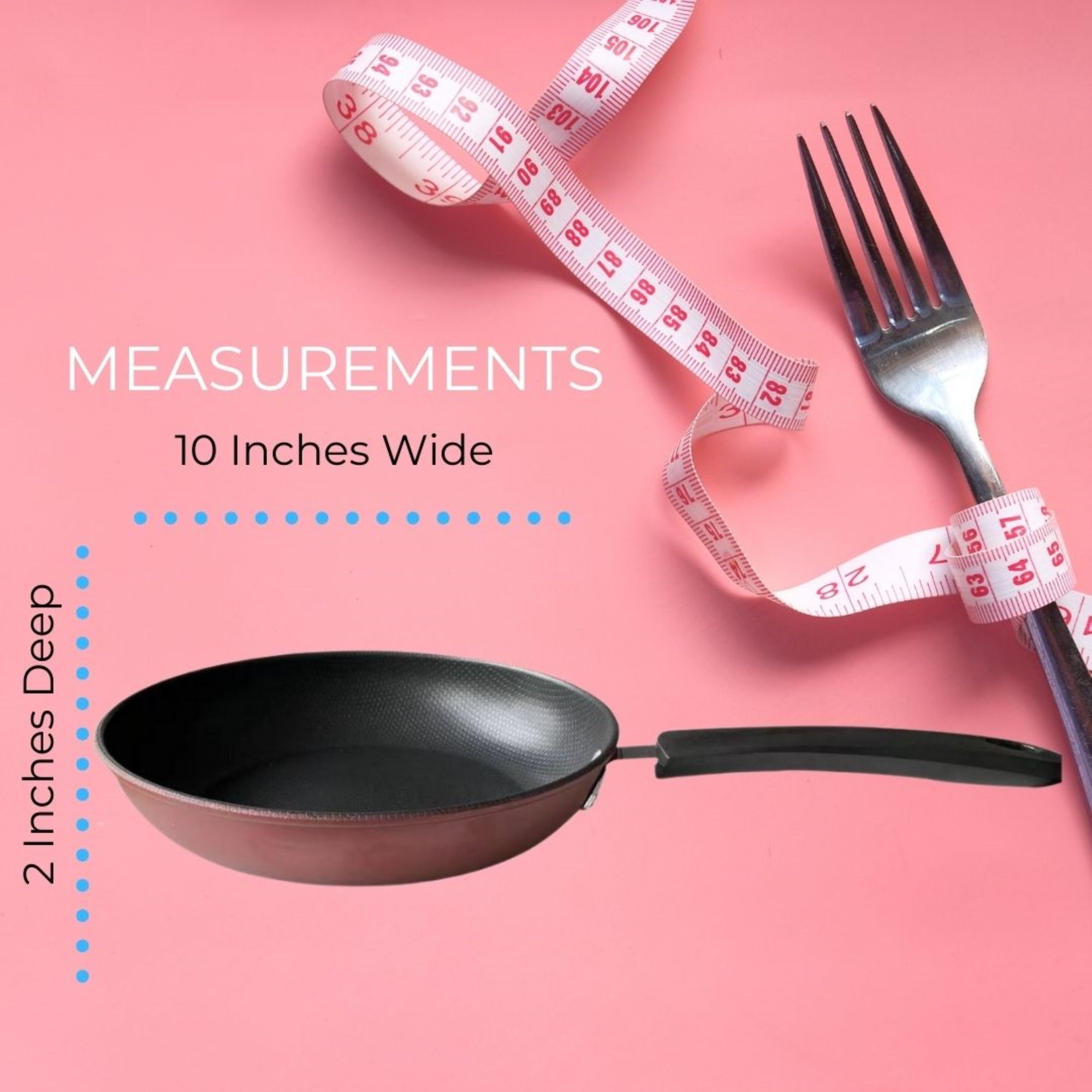 Infographic showing the Cheftop frying pan measurements: 10 inches wide and 2 inches deep, displayed with a measuring tape and fork on a pink background.