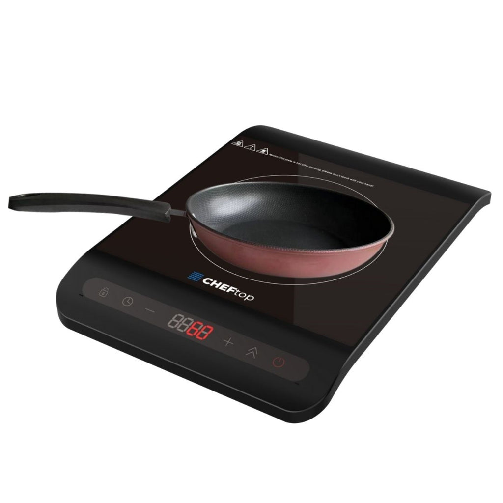 Cheftop 10-inch nonstick frying pan placed on a black digital induction cooktop burner.