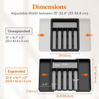 Product dimension chart showing the unexpanded and expanded sizes of the adjustable plastic silverware tray. Unexpanded width is 13 inches by 16.7 inches. Expanded width extends from 33cm up to 56.8cm or 22.4 inches wide.