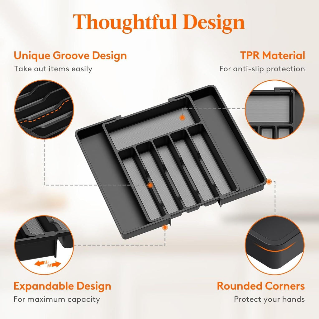 Product feature diagram of the black expandable silverware organizer highlighting its thoughtful design elements: a unique groove pattern for easy item retrieval, an anti-slip TPR material base, an expandable tray structure for maximum storage capacity, and smooth rounded corners.