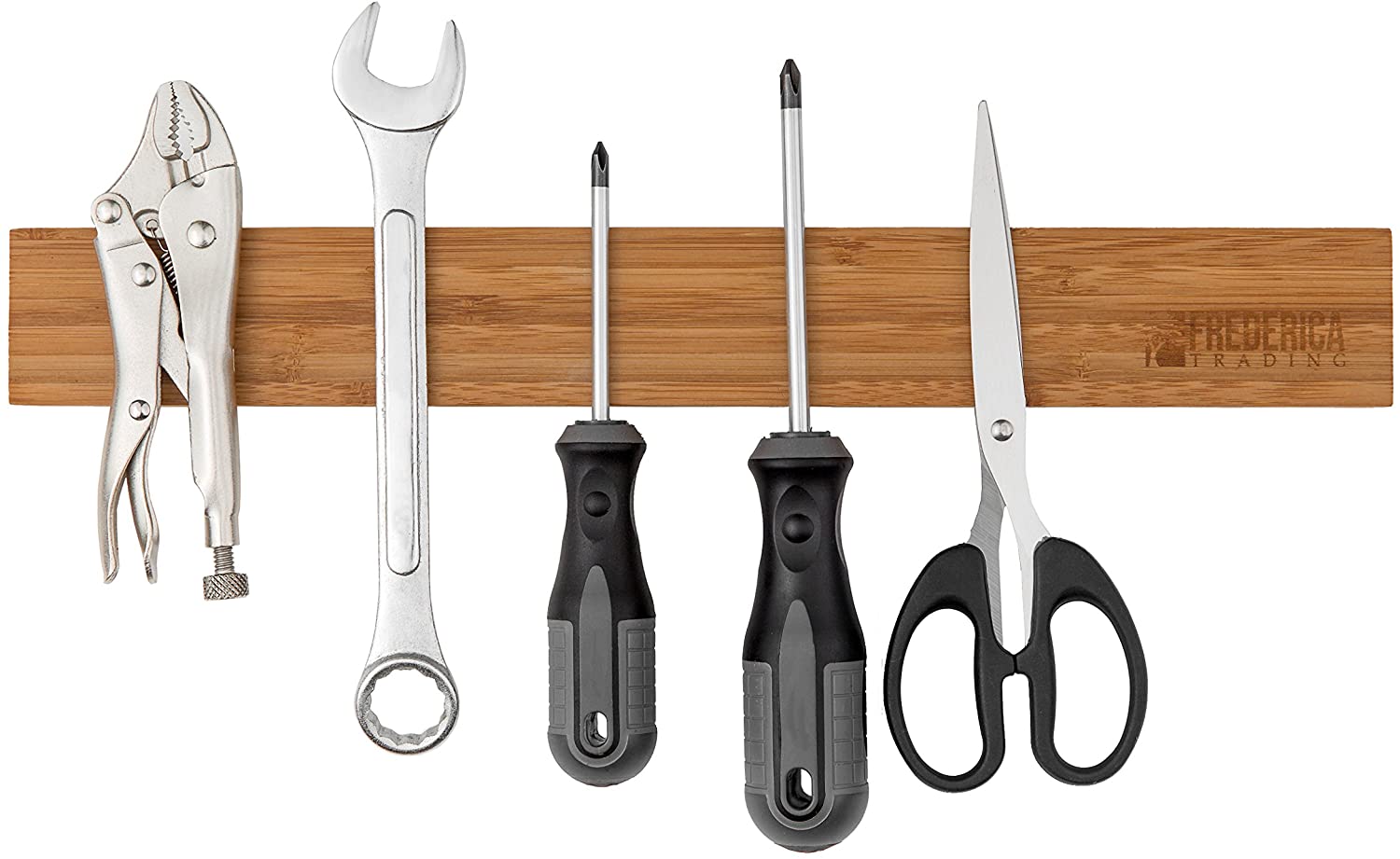 Wooden bamboo magnetic tool holder bar organizing garage hand tools including screwdrivers, wrenches, locking pliers, and scissors.