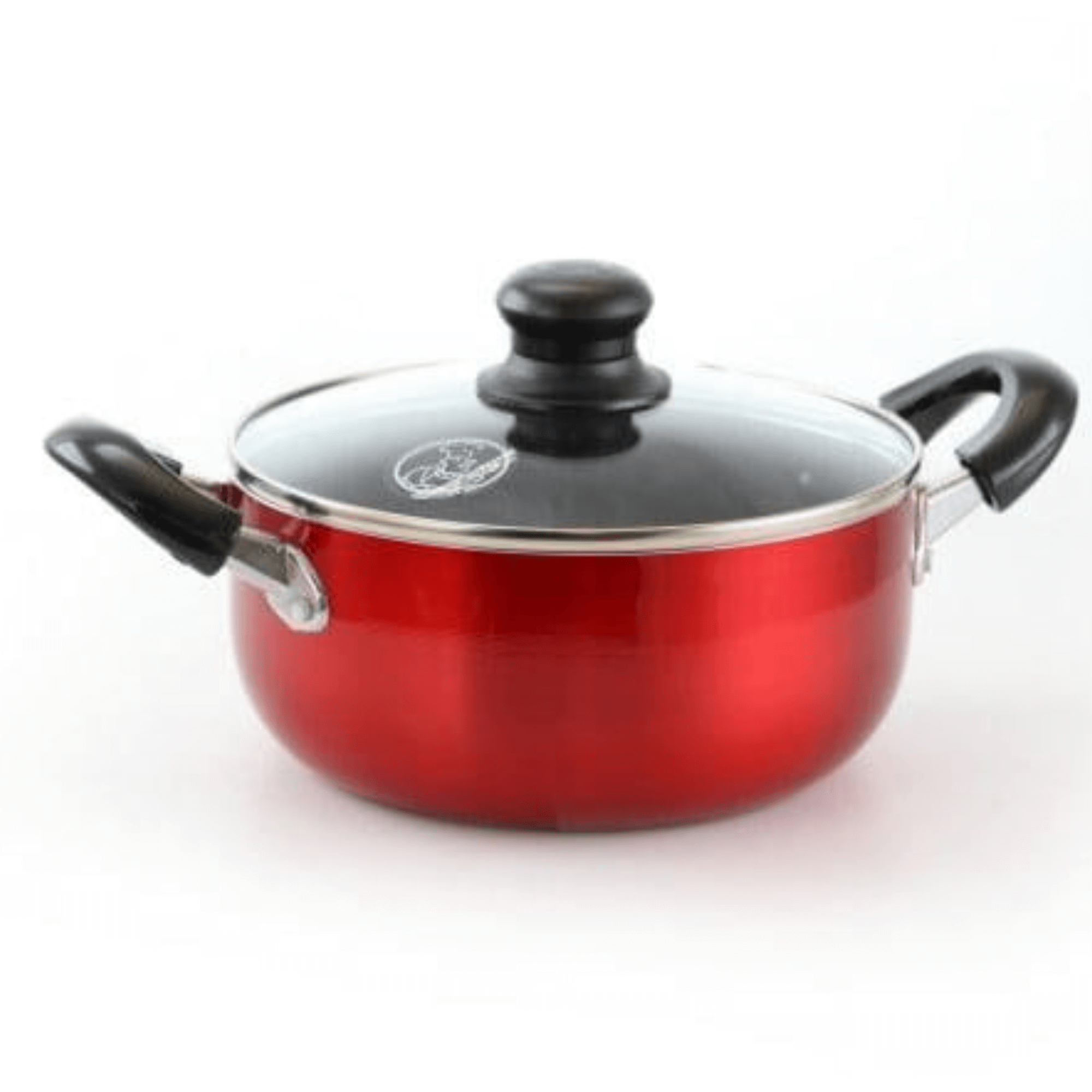 Metallic red aluminum nonstick saucepan pot with two black handles and a sealed clear tempered glass lid.