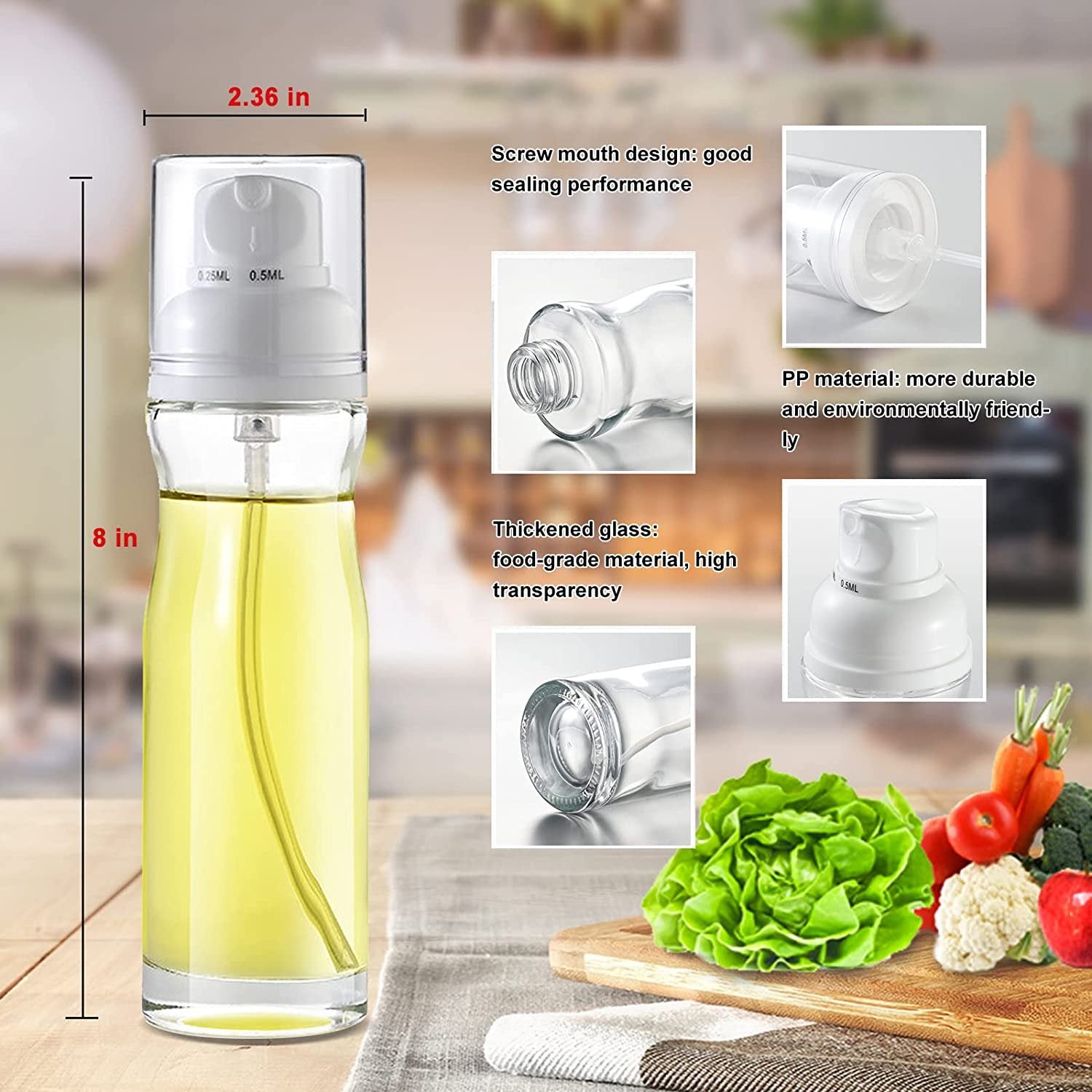 Oil sprayer bottle showing 8-inch height and detail views of glass and PP components.