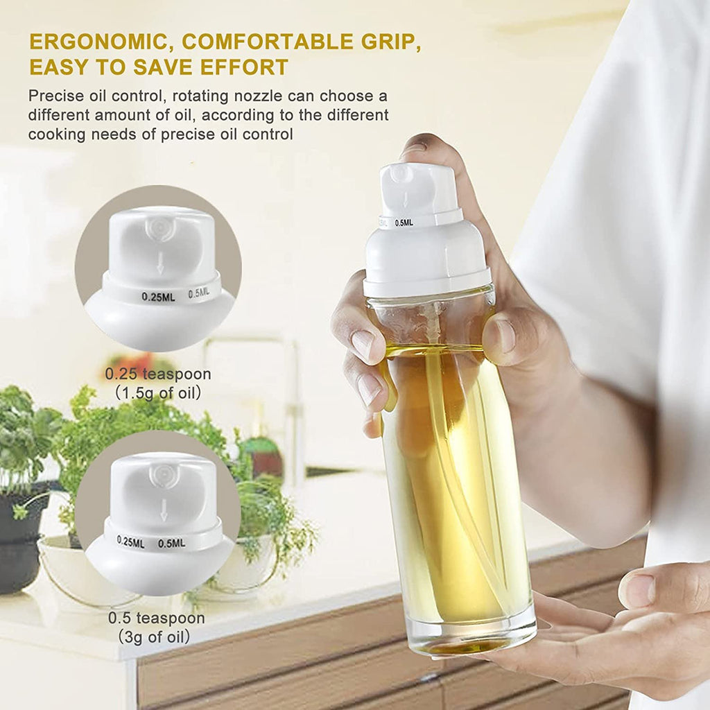 Hand holding oil sprayer showing 0.25ml and 0.5ml precision dosage settings.