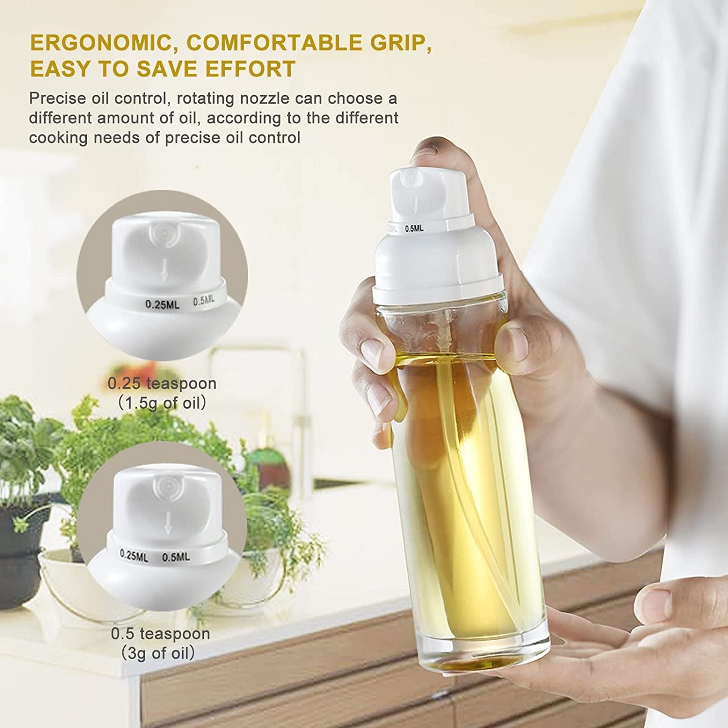 Hand holding oil sprayer showing 0.25ml and 0.5ml precision dosage settings.