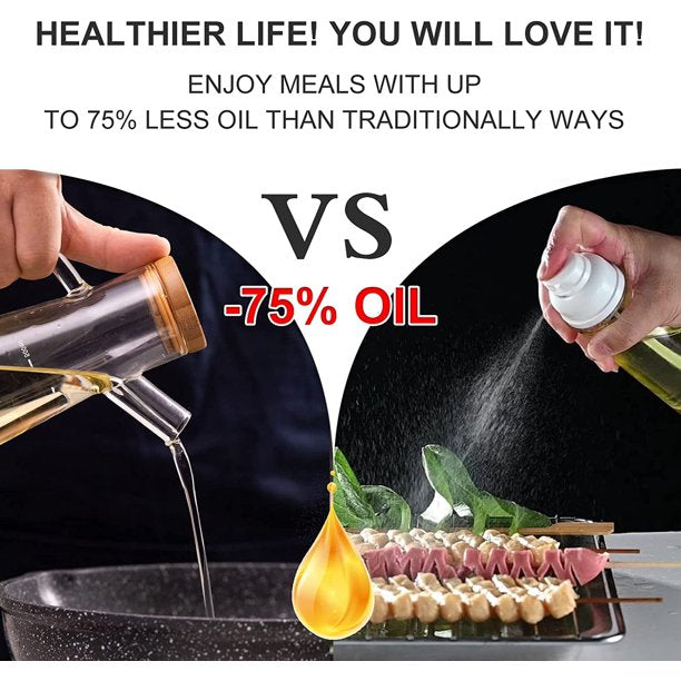 Comparison graphic showing 75% less oil usage with a mister versus traditional pouring.