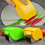 A split photo showing a person using the yellow rolling herb cutter on green onions and a side-by-side view of both the lime green and lemon yellow 6-blade mincers.