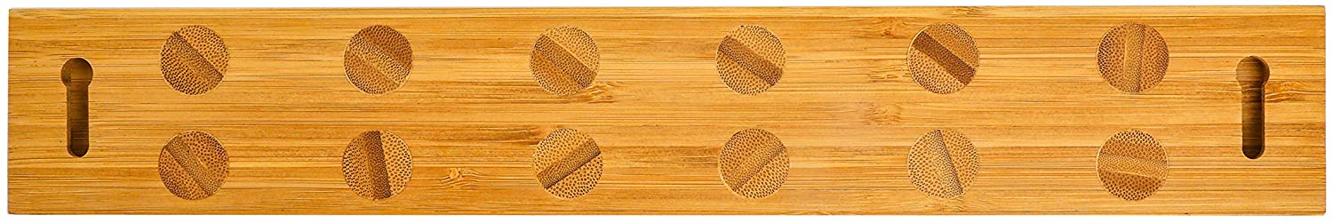 Rear view of the bamboo magnetic knife strip showing six heavy-duty dual magnetic zones and keyhole slots for secure wall mounting.