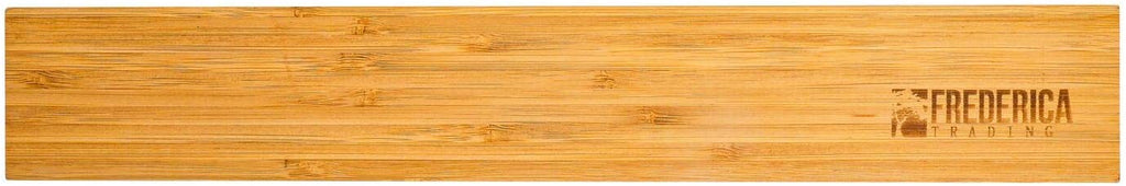 Close-up view of a natural wooden magnetic knife rack showing the organic bamboo texture and engraved branding detail.